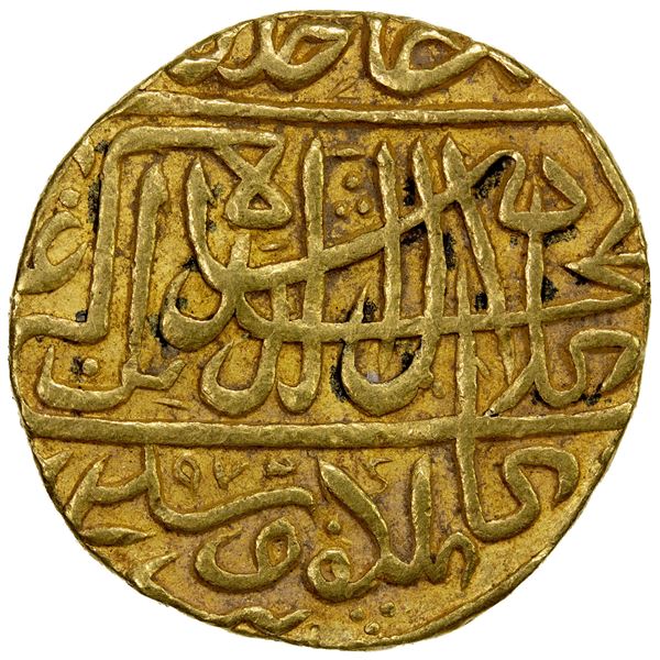 MUGHAL: Akbar I, 1556-1605, AV mohur (10.79g), AH972, VF-EF