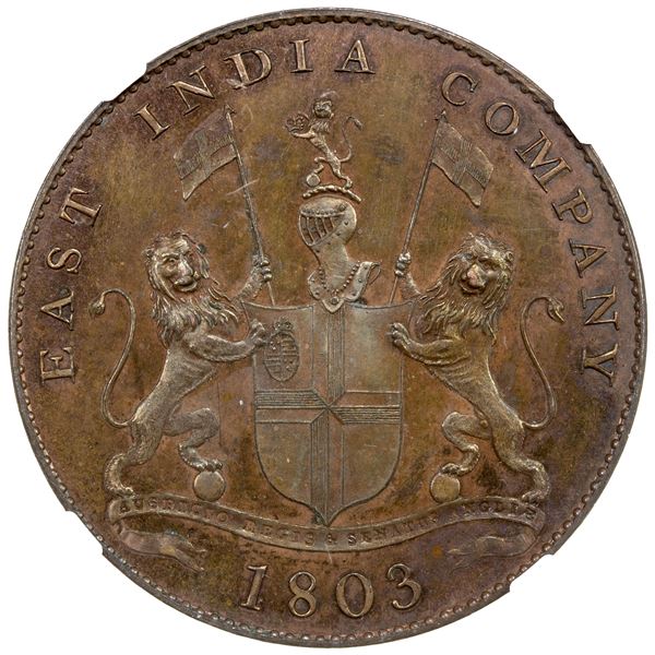MADRAS PRESIDENCY: AE 20 cash, 1803, NGC Proof 64 BN