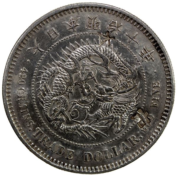 CHINESE CHOPMARKS: JAPAN: Meiji, 1868-1912, AR trade dollar, year 10 (1877), AU