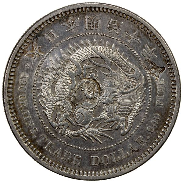 CHINESE CHOPMARKS: JAPAN: Meiji, 1867-1912, AR trade dollar, year 10 (1877), EF