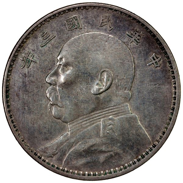 CHINA: Republic, AR dollar, year 3 (1914), VF-EF