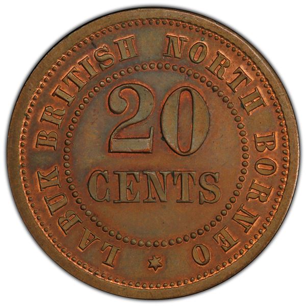 BRITISH NORTH BORNEO: AE 20 cents, ND (1924), PCGS Proof 63 BN