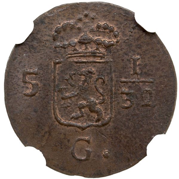 NETHERLANDS EAST INDIES: Batavian Republic, AE ½ duit, 1808, NGC MS63 BN