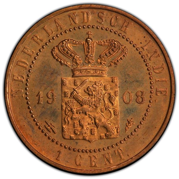 NETHERLANDS EAST INDIES: AE cent, 1908, PCGS Proof 64 RD