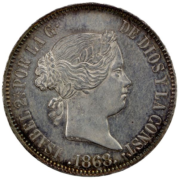 PHILIPPINES: Isabel II, 1833-1868, AR 50 centimos, 1868/58, AU