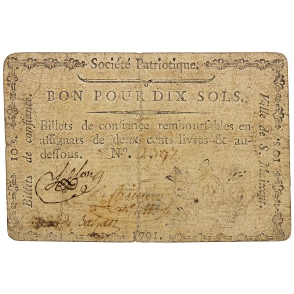 FRANCE: playing card money (10 sols), 1791, choice VF