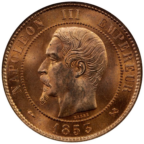 FRANCE: Napoleon III, 1852-1870, AE 10 centimes, 1853-B, ANACS  MS66 RD