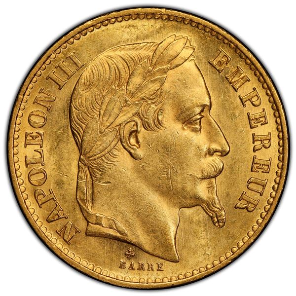 FRANCE: Napoleon III, 1852-1870, AV 20 francs, 1867-BB, PCGS MS63