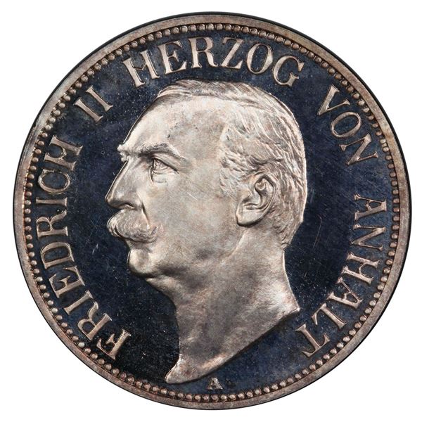 ANHALT-DESSAU: Friedrich II, 1901-1918, AR 3 mark, 1909-A, PCGS Proof 65 DCAM