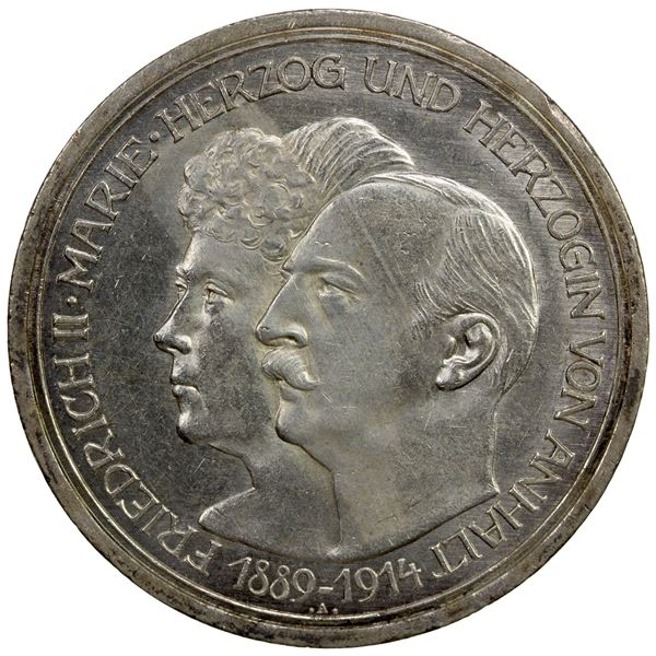 ANHALT-DESSAU: Friedrich II, 1904-1918, AR 5 mark, 1914-A, AU