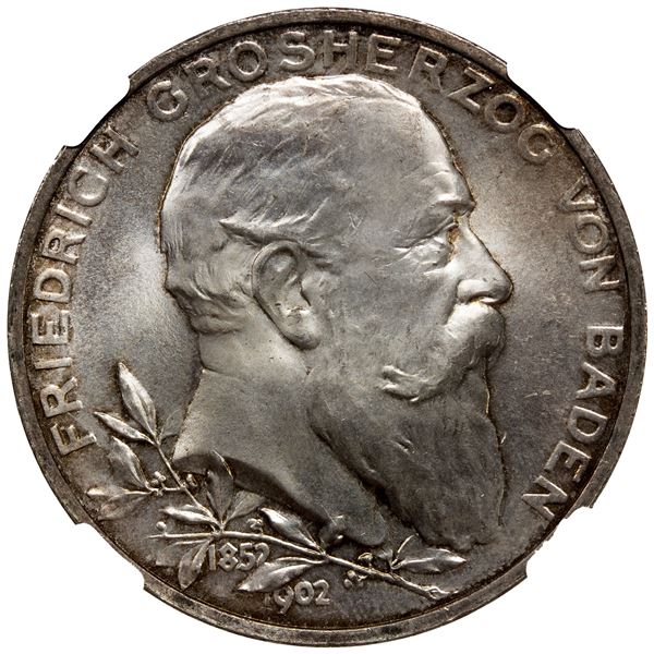 BADEN: Friedrich I, 1856-1907, AR 5 mark, 1902-G, NGC MS66