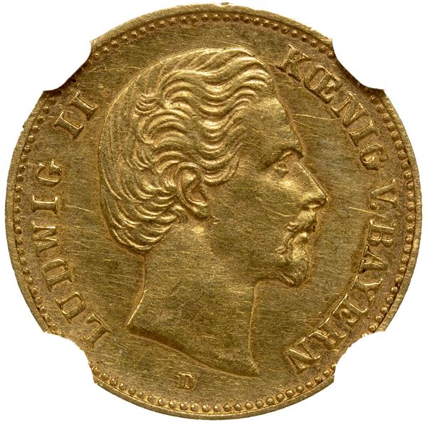 BAVARIA: Ludwig II, 1864-1886, AV 10 mark, 1877-D, NGC AU55