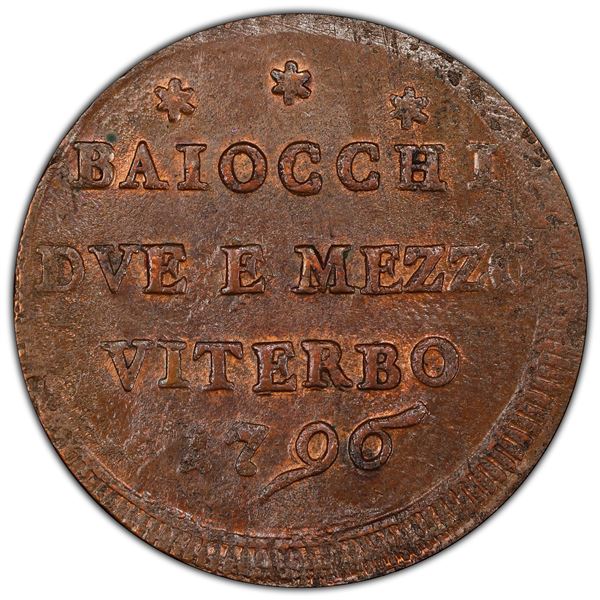 PAPAL STATES: Pius VI, 1775-1799, AE 2½ baiocchi, Viterbo, 1796, PCGS MS63 BN