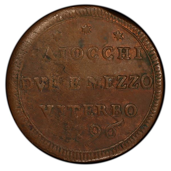 PAPAL STATES: Pius VI, 1775-1799, AE 2½ baiocchi, Viterbo, 1796, PCGS AU58