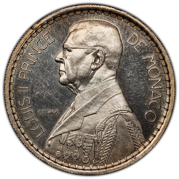 MONACO: Louis II, 1922-1949, AR 20 francs, 1945, PCGS Specimen 64