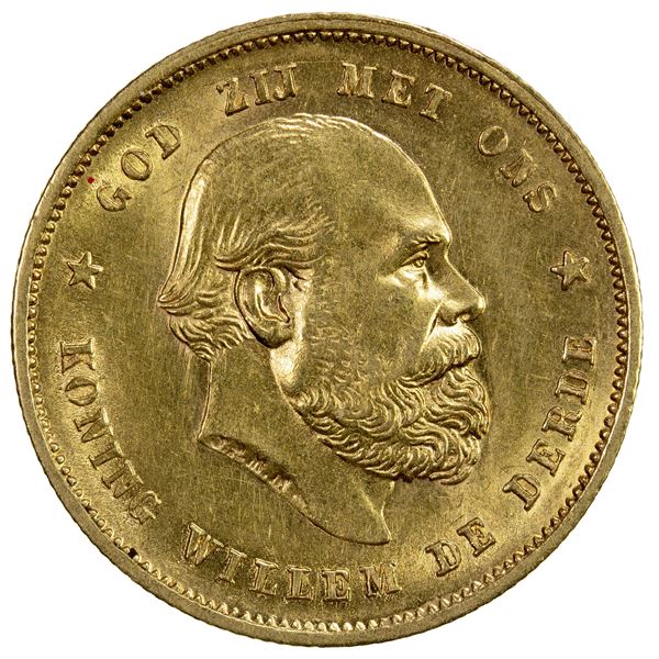 NETHERLANDS: Willem III, 1849-1890, AV 10 gulden, 1887, EF-AU