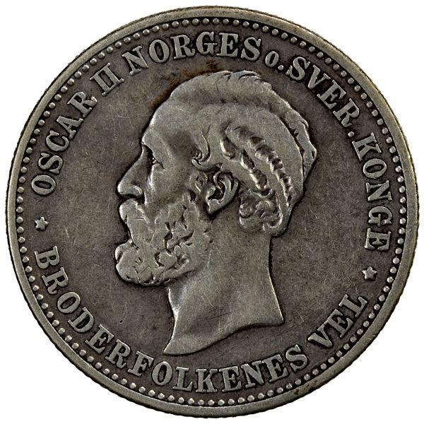 NORWAY: Oscar II, 1872-1907, AR 2 kroner, 1885, Fine