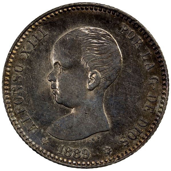 SPAIN: Alfonso XIII, 1886-1931, AR peseta, 1889 (89), AU