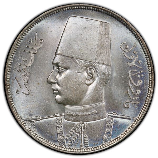 EGYPT: Farouk I, 1936-1952, AR 20 piastres, 1937/AH1356, PCGS MS65