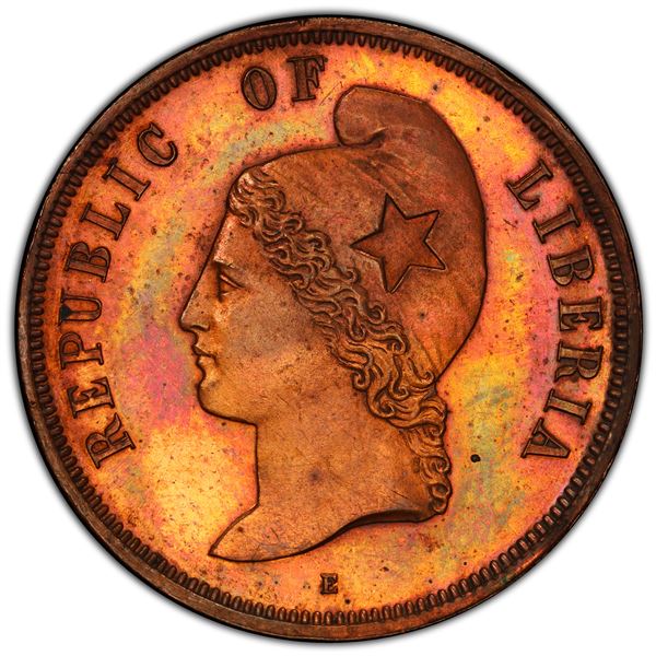 LIBERIA: Republic, AE 2 cents, 1890, PCGS Specimen 64 RB