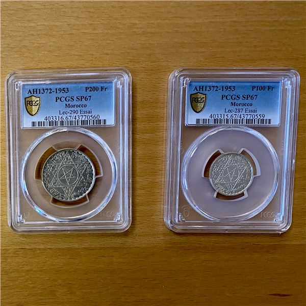 MOROCCO: 2-coin essai set, 1953/AH1372, both PCGS SP67