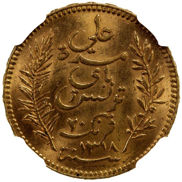 TUNISIA: AV 20 francs, 1900//AH1318-A, NGC MS63