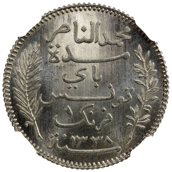 TUNISIA: AR franc, 1919//AH1338-A, NGC MS66