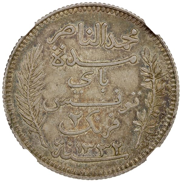 TUNISIA: AR 2 francs, 1913//AH1332-A, NGC MS64