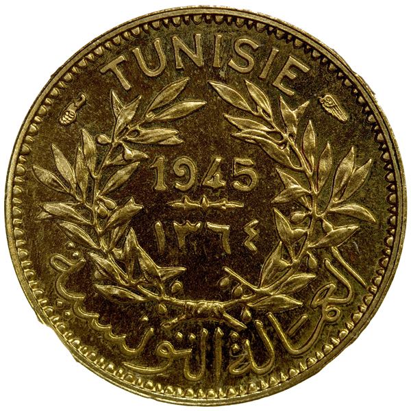 TUNISIA: aluminum-bronze 50 centmes, 1945//AH1364, NGC MS67