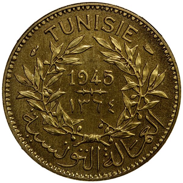 TUNISIA: aluminum-bronze 1 franc, 1945//AH1364, NGC MS67