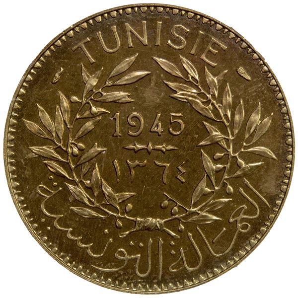 TUNISIA: aluminum-bronze 2 francs, 1945//AH1364, NGC MS66