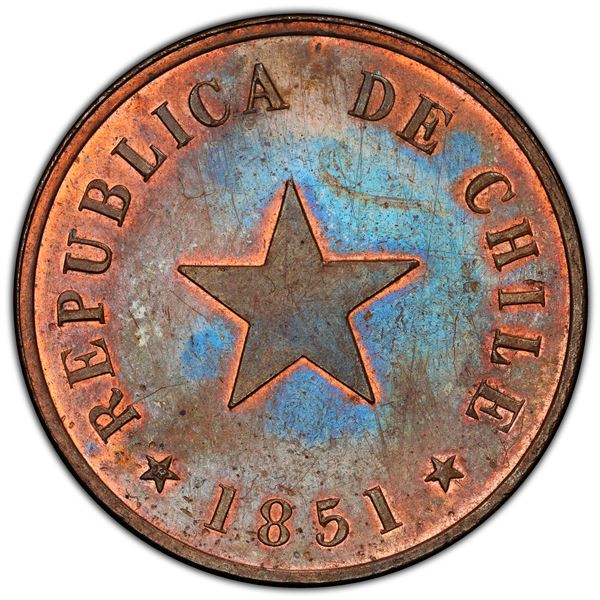 CHILE: Republic, AE centavo, 1851-H, PCGS MS64 RB