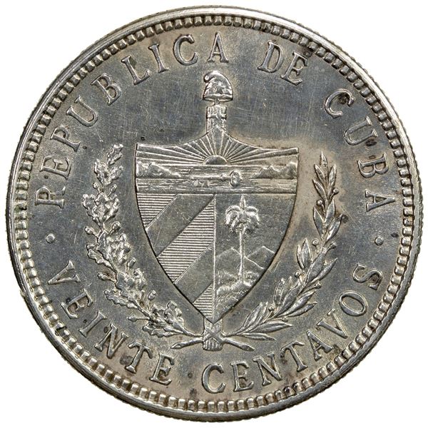 CUBA: Republic, AR 20 centavos, 1915, Choice AU