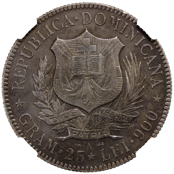 DOMINICAN REPUBLIC: AR 5 francos, 1891-A, NGC AU50