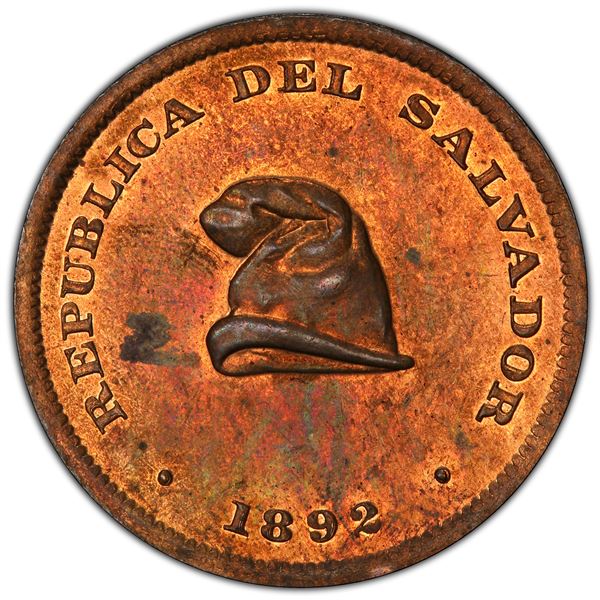 EL SALVADOR: Republic, AE centavo, 1892, PCGS MS64 RB
