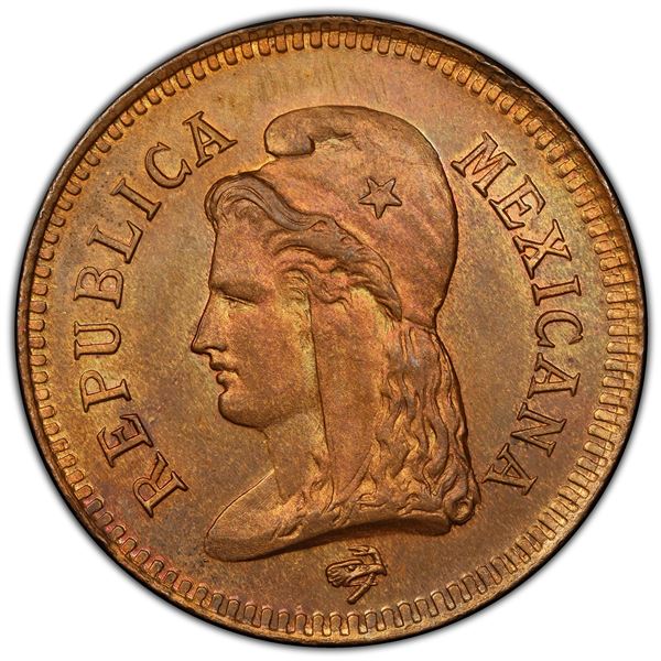 MEXICO: Republic, AE 2 centavos, Zacatecas State, 1890, PCGS Specimen 64 BN