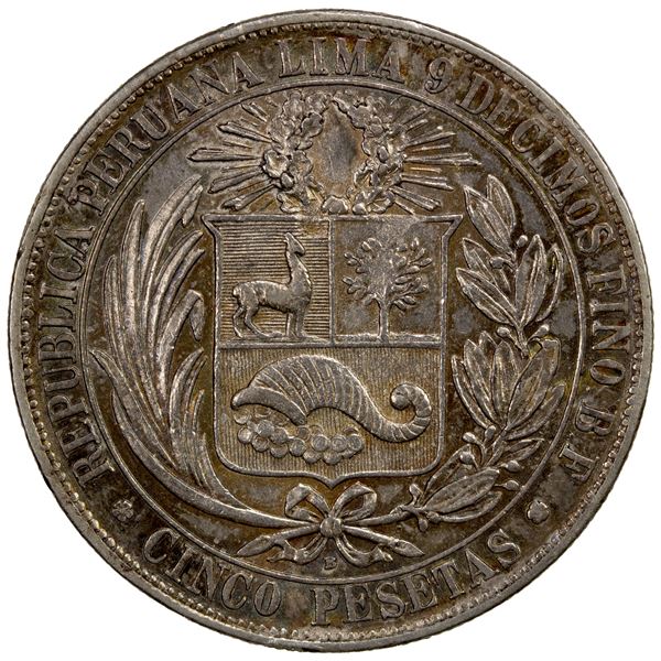 PERU: Republic, AR 5 pesetas, 1880, Choice EF