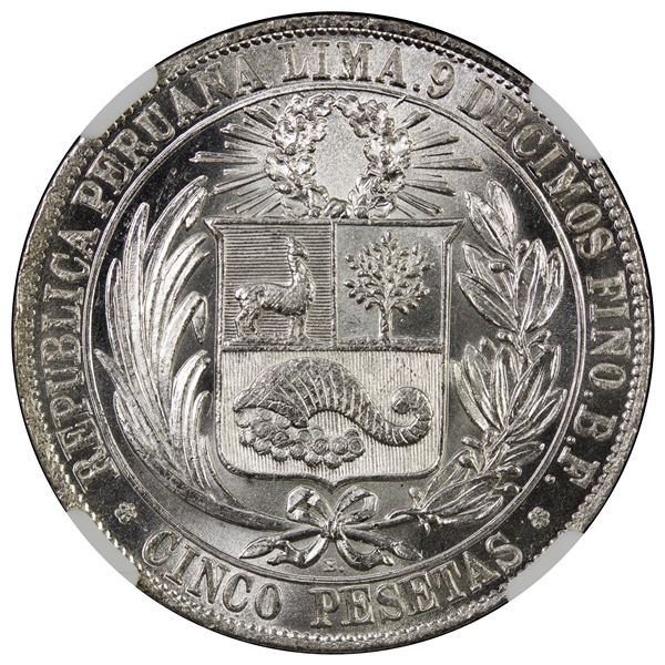 PERU: Republic, AR 5 pesetas, 1880, NGC MS65
