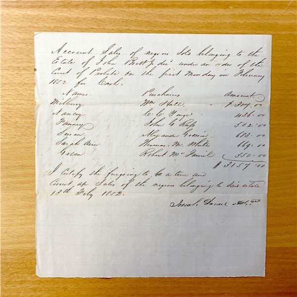UNITED STATES: slave account sale document, 1852, VF-EF