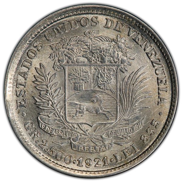 VENEZUELA: Republic, AR ½ bolivar, 1921, PCGS MS64