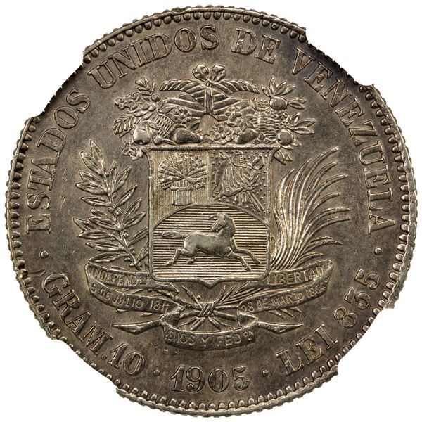 VENEZUELA: Republic, AR 2 bolivares, 1905, NGC AU55