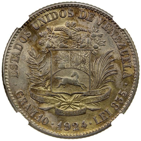 VENEZUELA: Republic, AR 2 bolivares, 1924, NGC AU58