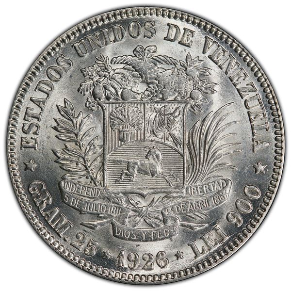VENEZUELA: Republic, AR 5 bolivares, 1926, PCGS MS63