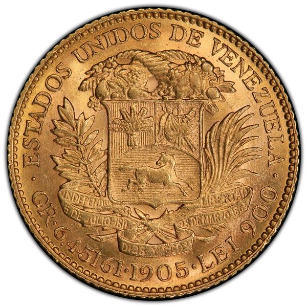 VENEZUELA: Republic, AV 20 bolivares, 1905, PCGS MS62