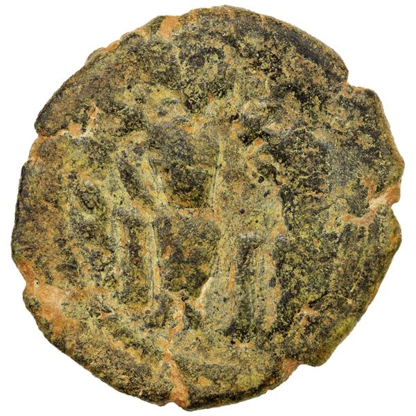 ARAB-BYZANTINE: Justin & Sophia type, ca. 675-700+, AE ½ follis (3.19g), Baysan, ND, F-VF
