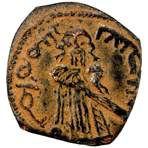 ARAB-BYZANTINE: Standing Caliph, ca. 692-697, AE fals (3.05g), Manbij, VF-EF