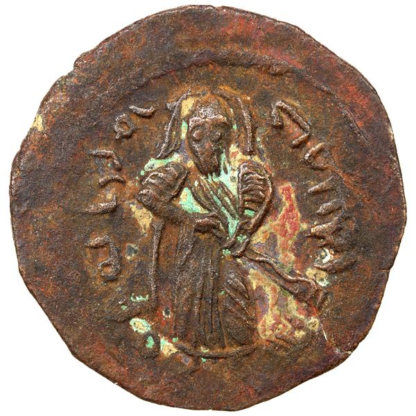 ARAB-BYZANTINE: Standing Caliph, ca. 692-697, AE fals (3.69g), Ma'arrat Masrin, strong VF