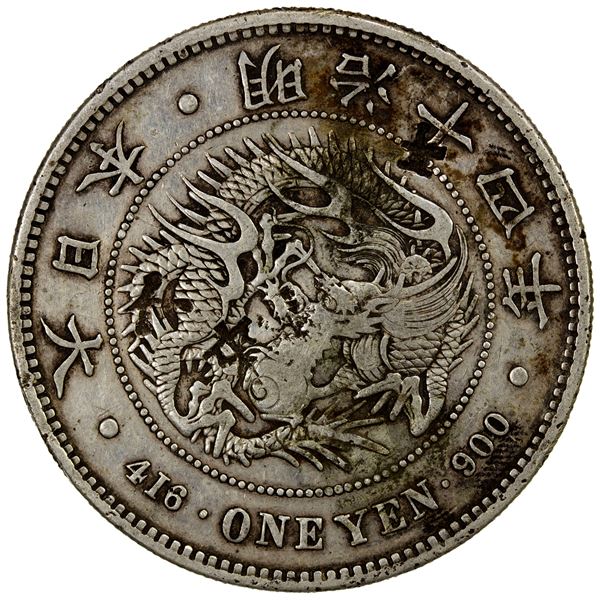 CHINESE CHOPMARKS: JAPAN: Meiji, 1868-1912, AR yen, year 14 (1881), VF
