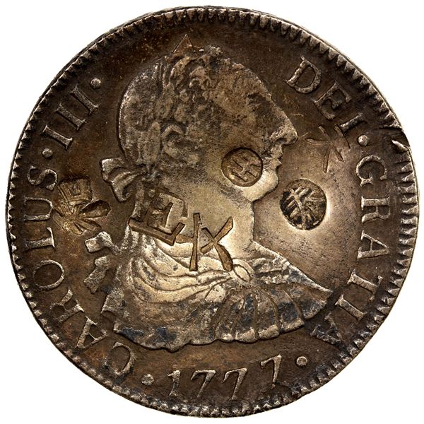 CHINESE CHOPMARKS: MEXICO: Carlos III, 1759-1788, AR 2 reales, 1777-Mo, VF