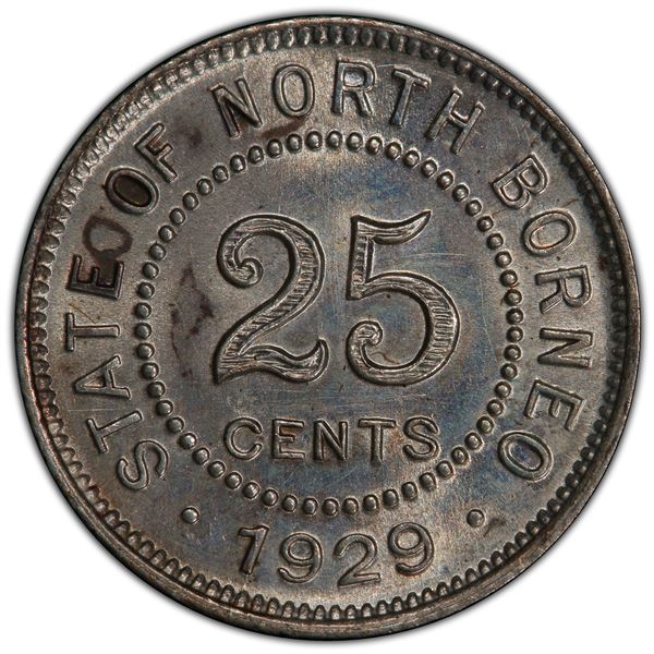 BRITISH NORTH BORNEO: AR 25 cents, 1929-H, PCGS UNC details